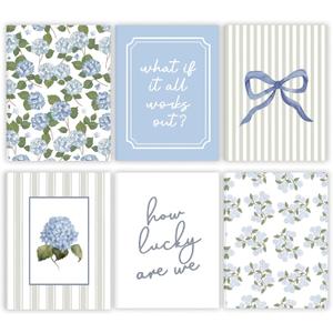 6 Pcs Blue Hydrangea Bow Canvas Wall Art How Lucky Are We Poster Prints Trendy Striped Coquette Paintings Pictures Sage Green Coastal Preppy Aesthetic Wall Decor for Girl Room Bedroom Living Room Office Dorm Apartment 12x16 Inch(Stretched Canvas On A Wooden Frame)