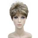Wiginway Short Synthetic Wigs Light Brown with Highlights Fluffy Straight Full Bang Capless Heat Resistant Fiber Wigss for Women