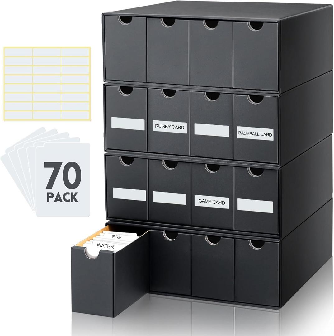 Cholemy Trading Card Storage Box Card Organizer 15000+ with 70 Cardboard Storage Divider, Label Sticker for Collection Compatible with Tcg, Sport Cards(4 Row, 4 in A Row,Black)