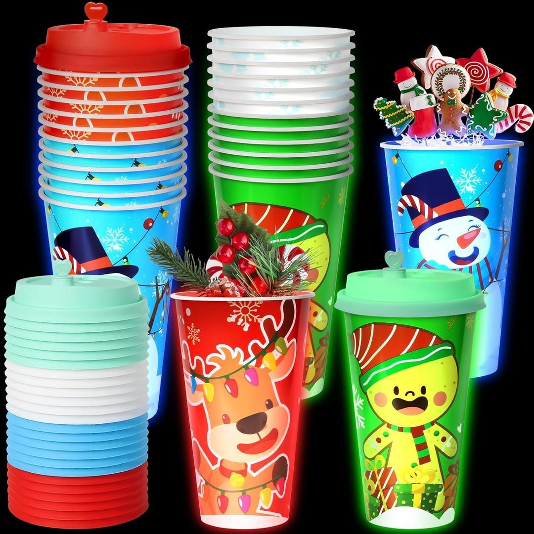 24 Sets Christmas Party Cups for Kids, 16OZ Glow Christmas Plastic Cup for Holiday Movie Night Party Favors Supplies Decorations, Holiday Decor
