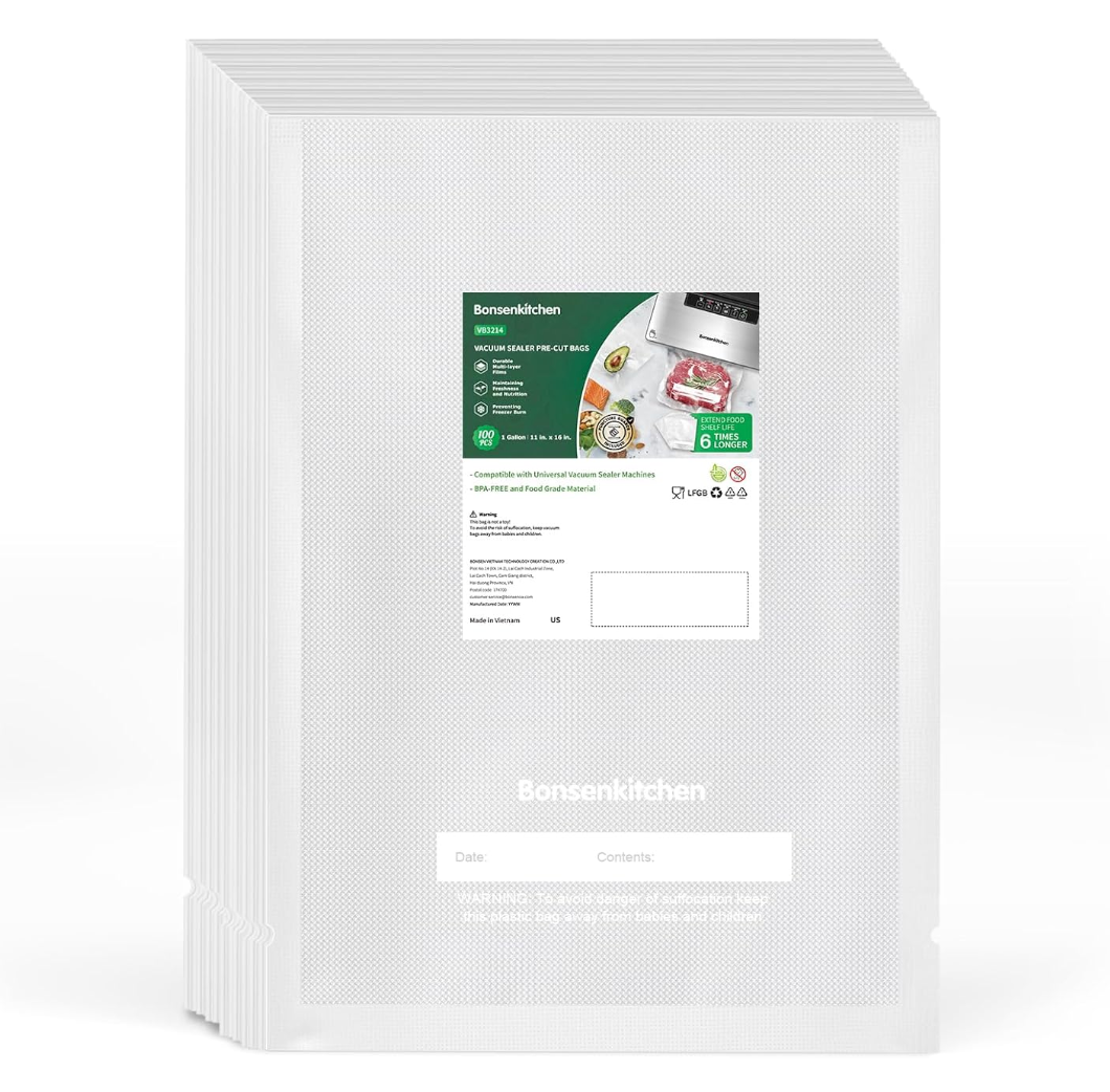 Bonsenkitchen Precut Vacuum Sealer Bags, 100 Gallon 11" x 16" Food Sealer Bags, Food Grade, BPA Free, Heavy Duty, Customized Vacuum Bags for Vac Storage, Meal Prep or Sous Vide Cooking, VB3214
