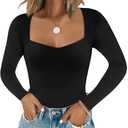 Chunpin Women's Sexy Square Neck Long Sleeve Bodysuit Double Lined Tops Thong Bodysuit (Small, A-black)