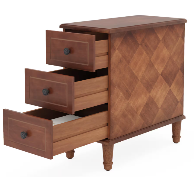  Fully Assembled End Table, Narrow Side Table with 3 Drawers, Pre-Assembled Nightstand Slim Bedside Table for Small Spaces, Living Room, Bedroom, Brown