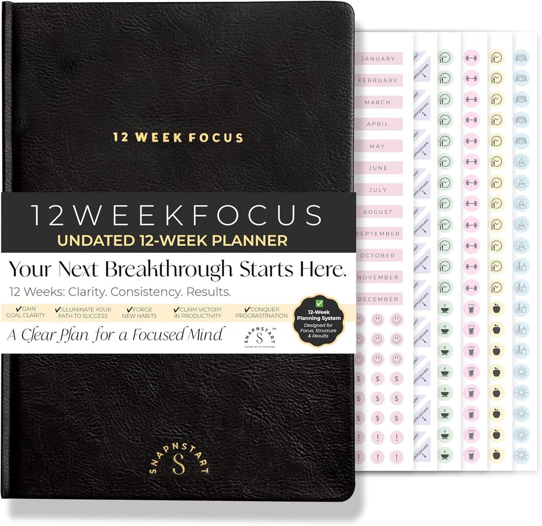 12 Week Focus Planner: High Performance Project Planner - Stay Focused and Achieve your Goals - Weekly and Daily Pages with Scientifically Proven Prompts - Undated, 7x10inch Black Hardcover
