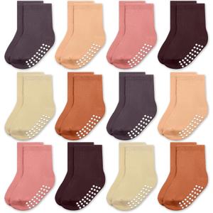 JAKIDAR 12 Pack Baby Toddler Socks Non Slip Grip Cotton Crew Socks for Boys Girls Infants Kids (Orange Sunset)