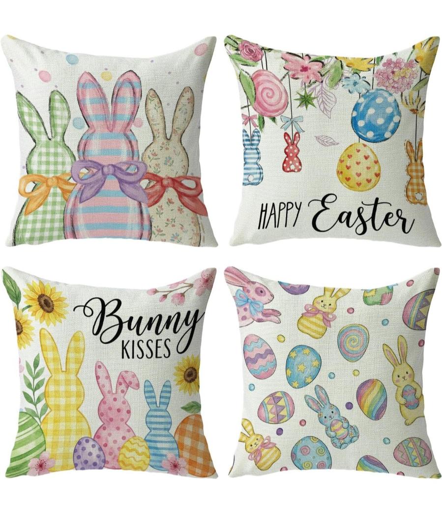 Easter Rabbit Decorative Throw Pillow Covers Set of 4, Easter Eggs Colorful Bunny Flowers Pillow Covers 18 x 17 in, Soft Linen, Cushion Pillows for Sofa, Couch, Bedroom