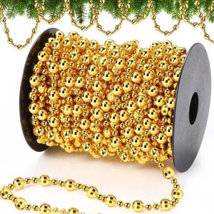 Pangda 49 ft Beaded Garland for Christmas Tree Plastic Artificial Pearl Strands String Beads Trim Roll Chain for Xmas DIY Craft Party Decoration Table Centerpiece Wedding Bouquet(Gold)
