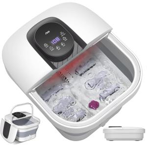 RIKE Collapsible Foot Spa with Heat, Bubbles, 24-Level Temp Control, Red Light, Timer, Foot Soaking Tub with 6 Shiatsu Rollers & Pumice Stone, Foot Bath Massager Pedicure Foot Spa for Stress Relief