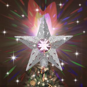 2024 New Christmas Tree Topper Lighted Star, Christmas Tree Decorations Topper LED Projection Light, 3D Glitter Dynamic Projection for Xmas Party Holiday Decorations (Silver)