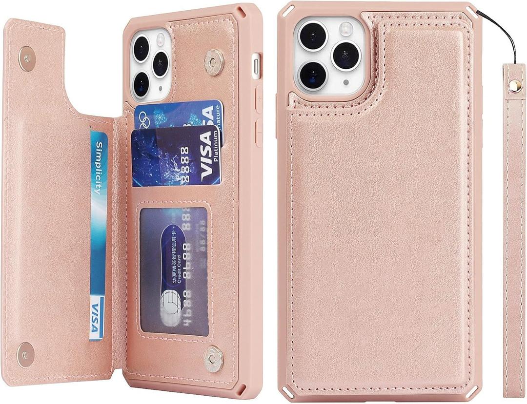 iCoverCase Compatible with iPhone 11 Pro Max Wallet Phone Case with Card Holder for Women, RFID Blocking Embossed PU Leather Wrist Strap Case for 11pro Max 6.5 Inch (Macaron Rose Gold)