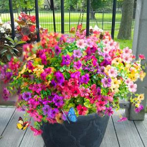 Yastouay 12 Bundles Artificial Flowers for Outdoors, UV Resistant Fake Outdoor Flowers No Fade Faux Outdoor Flowers Plants for Garden Porch Window Box Farmhouse Pot Planters Decor (Multi ColorA) (Fuchsia+pink+rose Red+yellow)