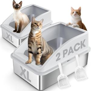 2 Pack Stainless Steel Litter Box | XL Enclosed Cat Litter Boxes with Lid for Big Cats and Multi-Cats | High Sided, Anti-Urine Leakage | Non-Stick BottomSilver Gray