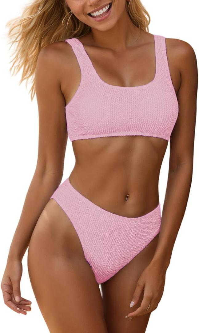 YIMISAN Women's Ribbed Two Piece Bikini Sets Wide Shoulder Strap Top Swimsuit with Mid Waist Cheeky Bathing Suit (Medium, Light Pink)