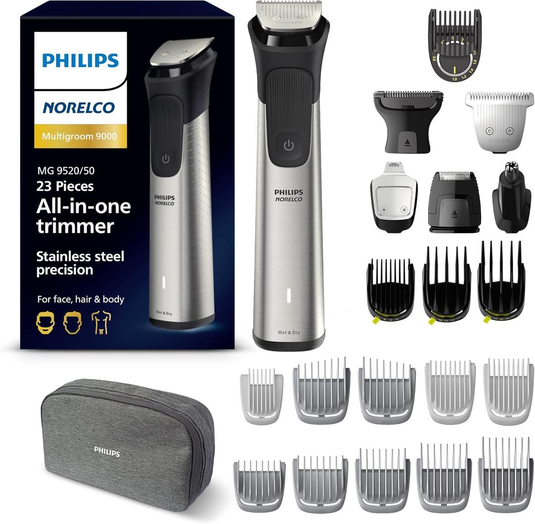 Norelco Philips Multigroom 9000 Series, All-in-One Trimmer, Beard Trimmer and Hair Clipper, 23-Piece Men's Grooming Kit for Beard, Body, Face, Nose, Ear and Intimate Areas, MG9520/50