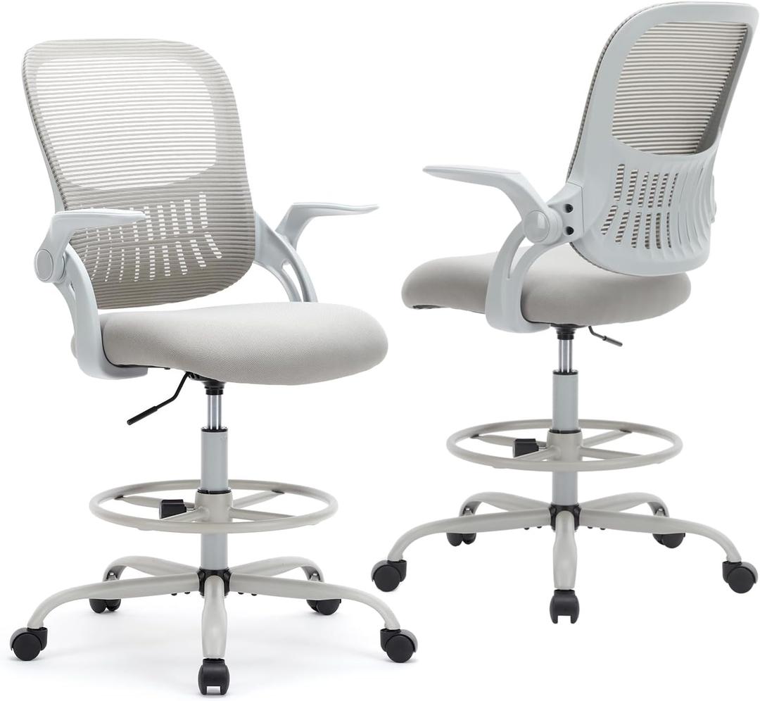DUMOS Drafting Chair for Standing Desk, Flip-up Arms, Counter Height Adjustable, Ergonomic Mid Back Mesh Rolling Work 360Swivel Home Office Computer Chairs with Wheels, Grey