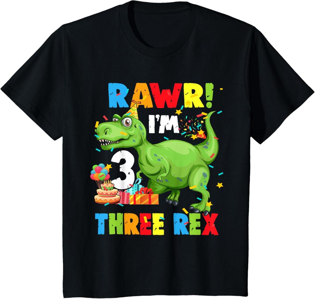 Kids Three Rex Birthday Party Outfit Dinosaur 3 Year Old Boy T-Shirt (Black). 4T Size