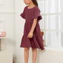 Geckatte Girls Dresses Summer Casual Floral Print Ruffle Short Sleeve Tiered Pleated Kids A-Line T-Shirt Dress Size 5-14