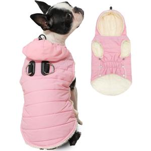 Vecomfy Fleece Lining Dog Hoodie with Harness Built in,Extra Warm Small Dog Jacket in Winter Puppy Coats with Drawstring Hooded,Light Pink S