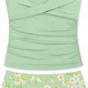 Girls Swimsuit 2 Piece Bathing Suit Criss Cross Ruched Girl Tankini Sets Printed Girls' Swimwear for 9-18 Years (15-16 Years)