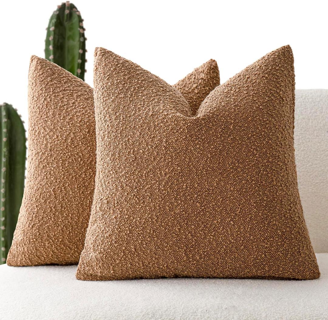 Foindtower Pack of 2, Decorative Textured Boucle Throw Pillow Covers Accent Solid Pillow Cases Cozy Soft Couch Cushion Case for Chair Sofa Bedroom Living Room Home Decor 22 x 22 Inch Rust Tobacco
