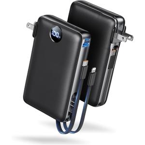 Portable Charger Power Bank 50000mAh Massive Capacity, Built-in Wall Plug USB-C & iOS Cables, 22.5W Fast Charging Battery Pack with LED Display, Travel Essential for Camping, iPhone, Samsung Black