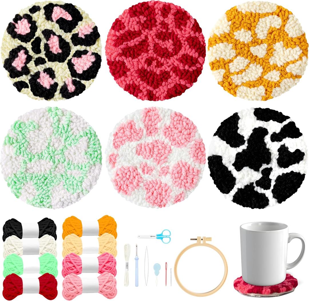 WATINC Spotted Punch Needle Coaster Kit - 22Pcs Crafts Punch Needle Coasters Kits for Beginners, 6 Colors Spotted Coaster Tufted Rug Pads with Adhesive Felt Yarns Embroidery Hoop Instruction