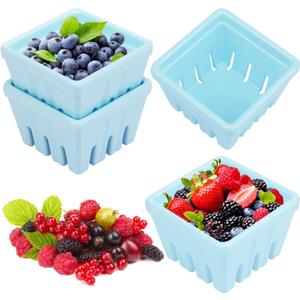 4 Pack Ceramic Berry Basket, 4.1 Inches Square Ceramic Fruit Bowls with Draining Holes, Blue Rustic Stoneware Berry Bowls for Strawberries, Grapes, Cherries & More
