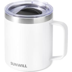 SUNWILL Insulated Coffee Mug with Lid, Travel Tumbler with Handle, 14 oz Stainless Steel Cup for Camping, Office, Home, Powder Coated White
