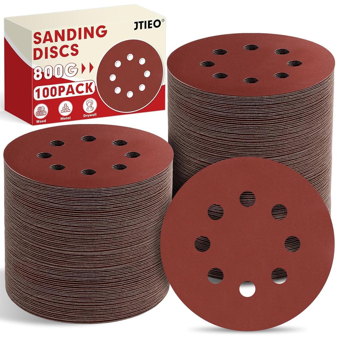 JTIEO 100PCS Sanding Discs 5 Inch, 800 Grit Orbital Sander Pads, Hook & Loop Sandpaper Pads, 8 Hole Round Sanding Discs for Random Orbital Sanders,  800Grit, 100.0