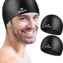 2 Pack Silicone Swimming Cap for Men Women, Unisex Adult Swim Cap for Short/Long Hair to Keep Hair Dry, Waterproof Bathing Swimming Hat, Black