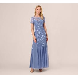 Adrianna Papell Women's Beaded Gown with Godets, French Blue, Size 12
