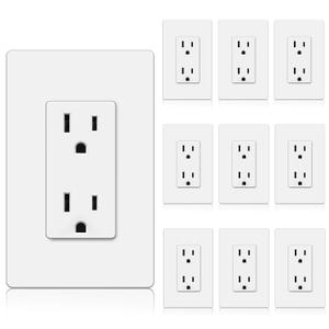 BESTTEN Decorator Receptacle Outlet, 15 Amp Standard Electrical Wall Outlet with Screwless Wallplate, Non-Tamper Resistant, 15A/125V/1875W, UL Listed, 10 Pack, White