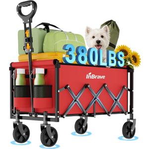 Collapsible Wagon Cart, 380LBS Heavy Duty Utility Wagons with All-Terrain Wheels, Foldable Grocery Carts for Gardening, Shopping, Beach, Camping,Red