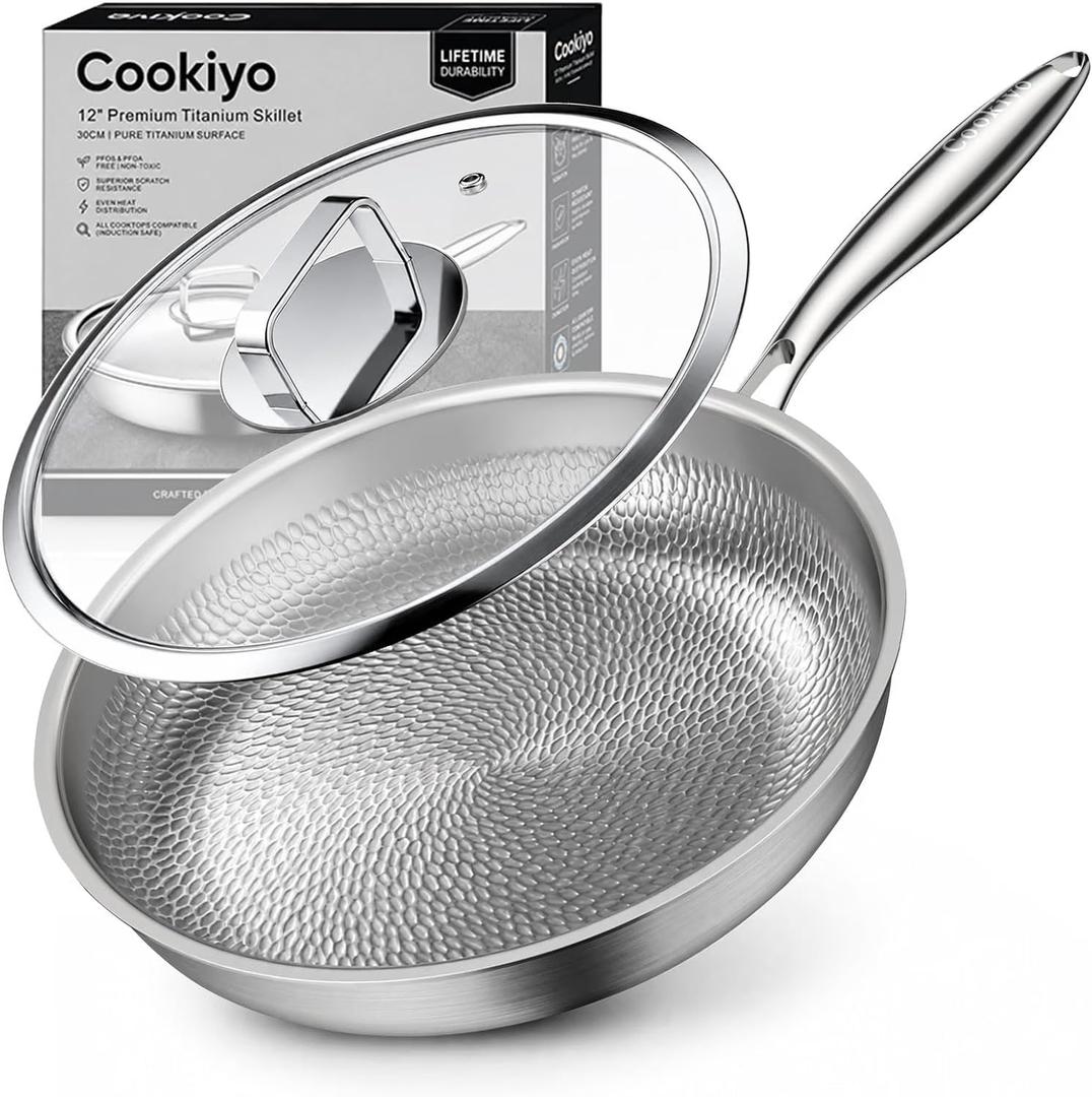 12" Titanium Pans for Cooking with Lid Hammered Tagines Skillet