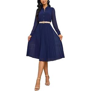 Business Casual Shirt Dress for Women Long Sleeves Pleated Midi Dresses with Belt L, Navy Blue