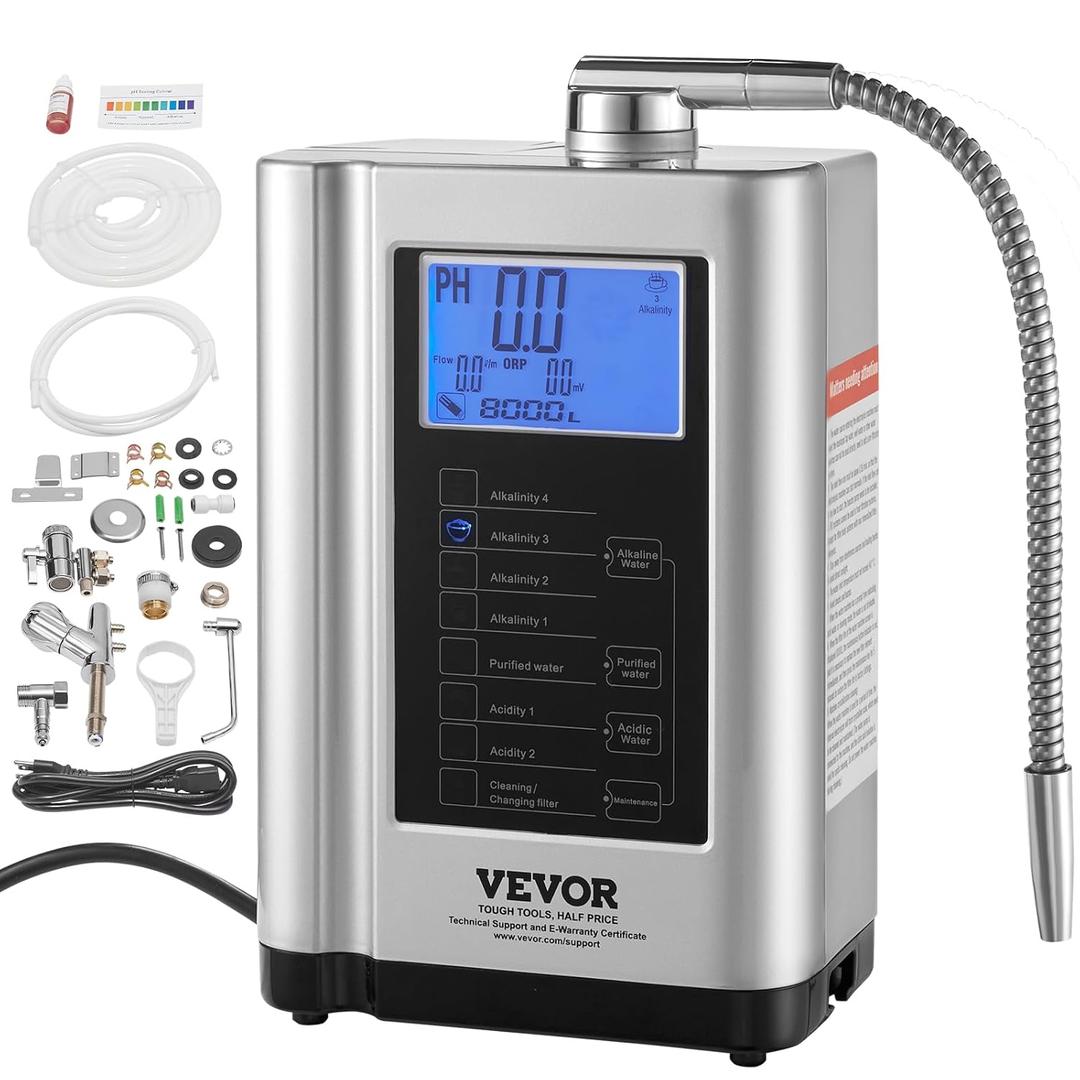 VEVOR Water Ionizer, Alkaline Water Ionizer Machine, pH 3.5-10.5 Alkaline Acidic Hydrogen Water Purifier, 7 Water Settings Home Filtration System, Up to -650mV ORP, 8000L Per Filter, Auto-Cleaning( Only Water Machine)