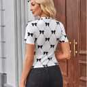 WDIRARA Women's Bow Print Short Sleeve T Shirts Crew Neck Tee Going Out Fitted Tops (White, L)