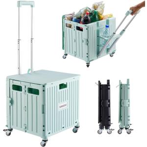 Folding Utility Cart Portable Rolling Crate Handcart Shopping Trolley Collapsible Tool Box, with Lid, on 4 Rotate Wheels, for Grocery, Shopping, Office, Camp, Teacher (Green)