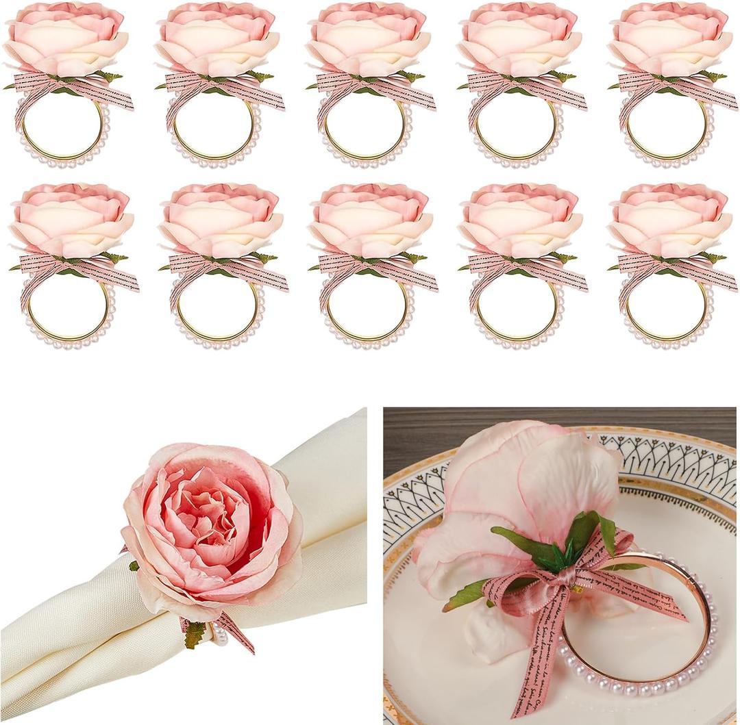 10PCS Flower Napkin Rings, Pink Rose Floral Napkin Holders Table with Imitation Pearls for Wedding Party Dinner Birthday Table Serviette Buckles Decor