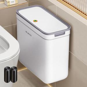 Small Slim Bathroom Trash Can with Lid, Wall Mount/Freestanding, Press Top, Pet Proof Odor Seal, No Battery, Narrow Garbage Bin for Home Office RV, 3.3 Gallon,White,with 2 Rolls of Trash Bags.