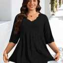 Plus Size Tops for Women 3/4 Lace Sleeve Shirts V Neck Blouses Casual Loose Tunic Tops to Wear with Leggings (Black, XL)