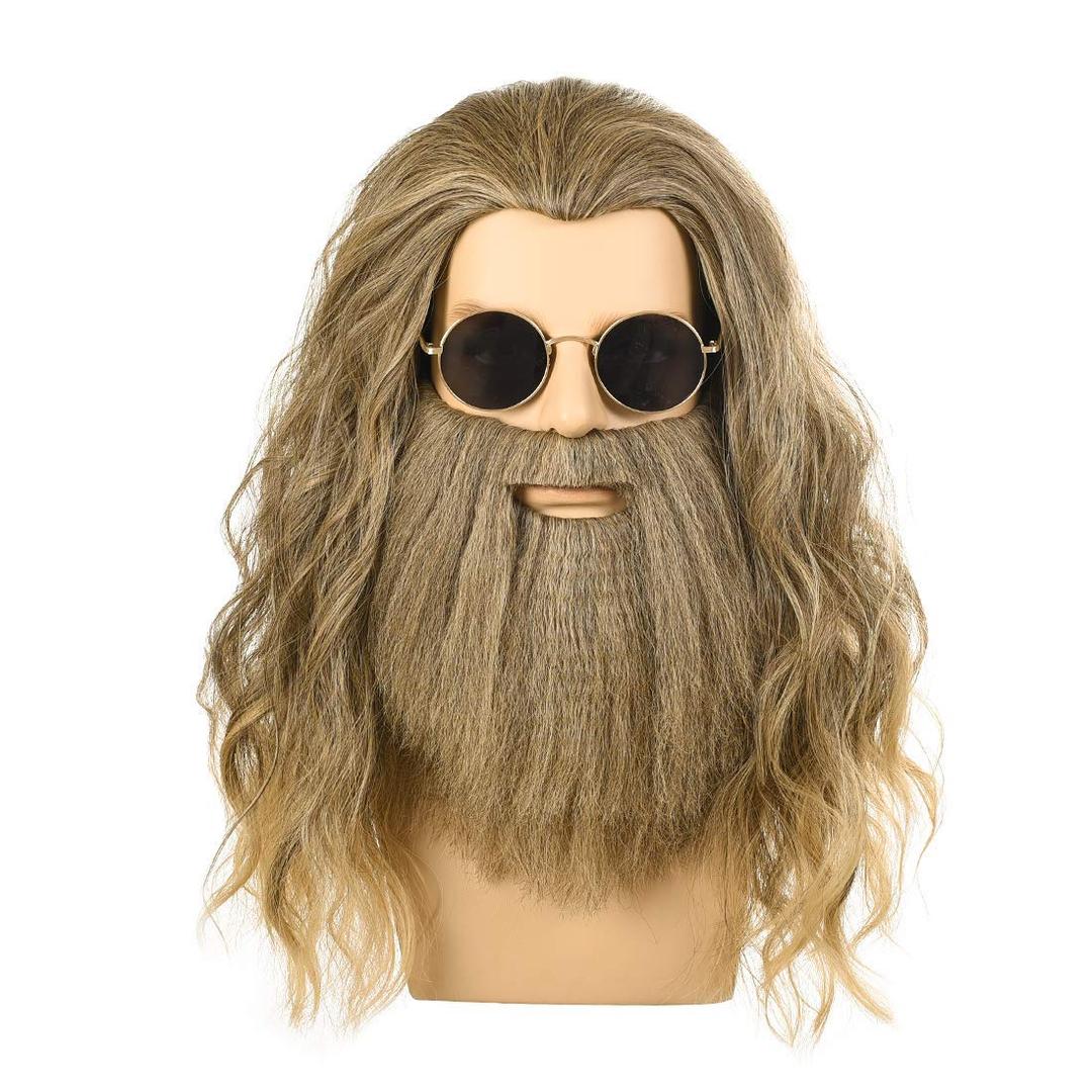 Long Curly Blonde Wig with Mustache Golden Brown Wig Cosplay Costume Halloween