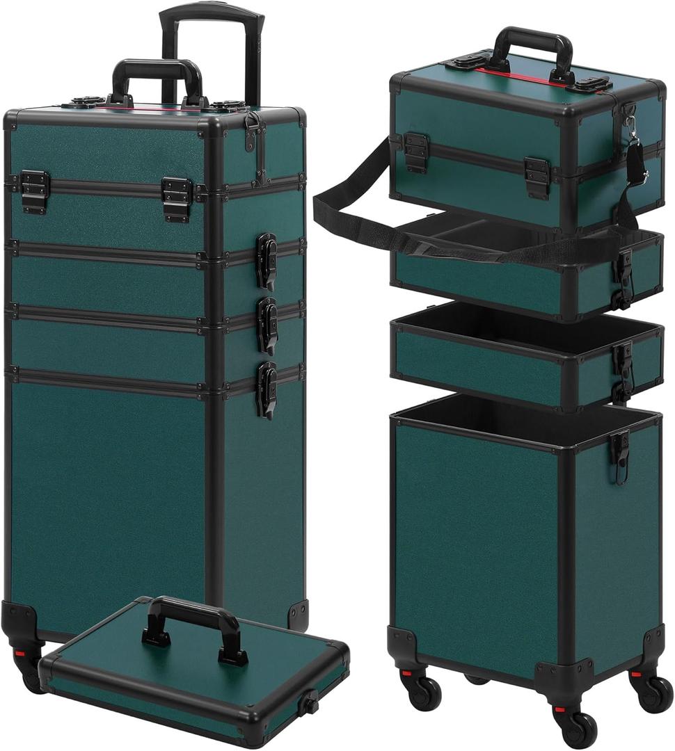 Makeup Train Case, Rolling Makeup Case with Lid, 5 in 1 Cosmetology Case on Wheels, Christmas Gift, Large Makeup Case Organizers, Profesional Cosmetic Case for Salon Barber, Black Green (4 layers)