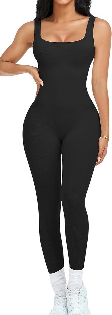 OLCHEE Womens Workout Rompers Jumpsuits Seamless Ribbed Yoga Gym One Piece Sleeveless Square Neck Tank Top Leggings Unitard (X-Large, Black)