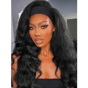 Yaki Wavy Headband Wigs for Black Women 26 Inch Black Kinky Straight Wear and Go Wig with Curly Wavy Ends Synthetic Glueless Half Wig with Headbands Attached Blow Out Style Natural Hair Texture