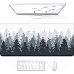 Auhoahsil Large Gaming Mouse Pad, Forest Theme XXL 35.4 x 15.7 in Desk Pad Stitched Non-Slip Rubber Long Computer Mousepad Thin Extended Full Size Desk Mat for Desktop, Laptop, Wireless Mice, White (01 Misty Forest)