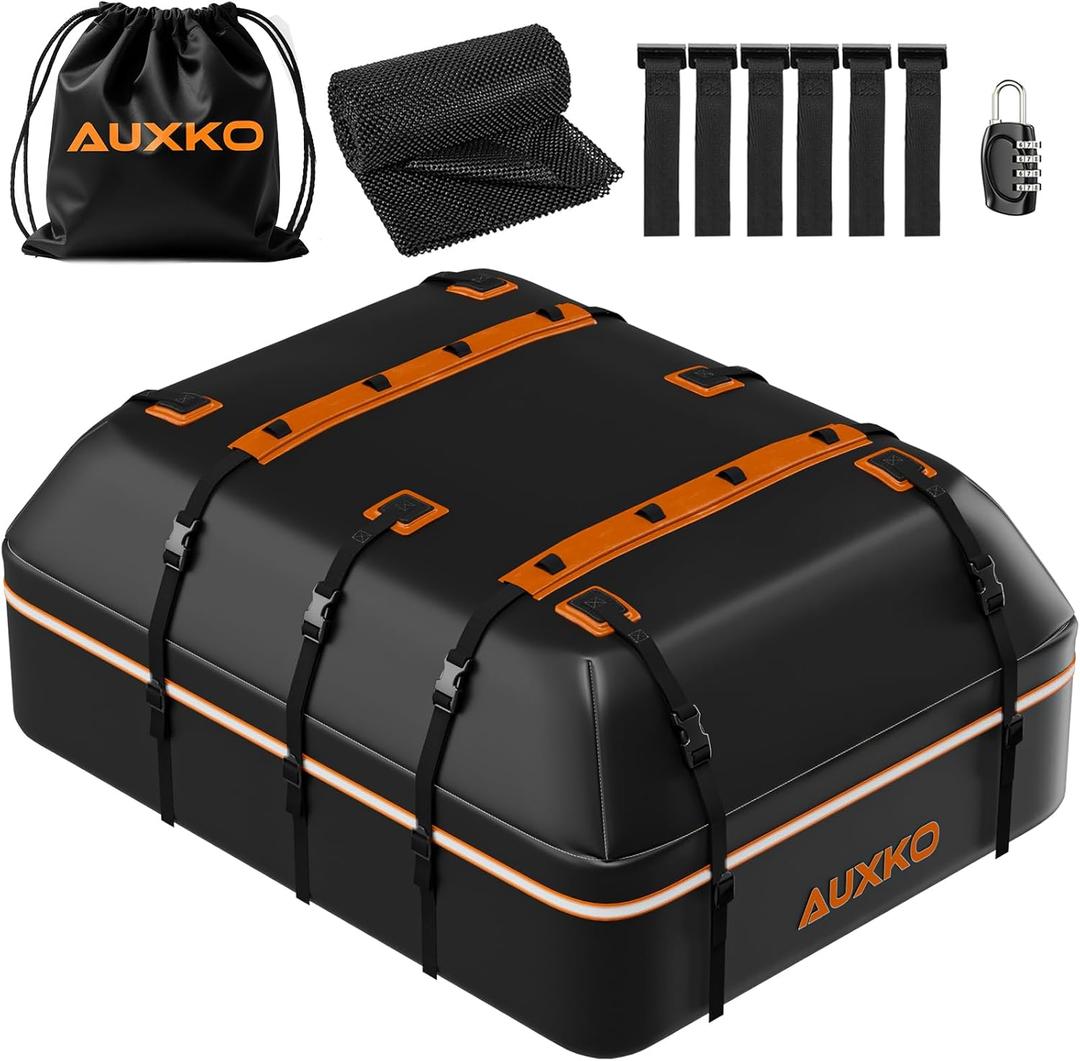AUXKO 22 Cubic Ft Waterproof Rooftop Cargo Carrier Bag for All Vehicles with/Without Roof Rack, Soft Shell Car Roof Bag with Reflective Strip Includes Anti-Slip Mat, 6 Door Hooks & Combination Lock