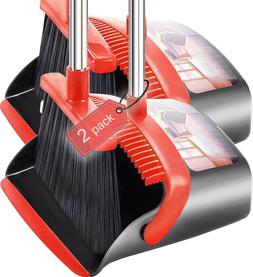 2-Pack is More economical, Brooms with Dustpan Combo Set， with 52" Long Handle, Dustpan Teeth with self-Cleaning Function, Indoor and Outdoor Sweeping, Perfect for Home Office (Large/ Red / 2-Pack)