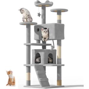 60'' Cat tree Tower for Indoor Cats Large Adult,Cute/Tall Modern Cat Tree for Big Cats 20 lbs,Plush Multi-Level Cat Condo with Scratching Posts,Dangling Ball for fun play (Light Gray, 60 inch)