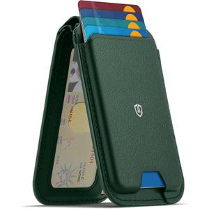 SHIELDON Strong Magnetic Wallet for Magsafe, Genuine Leather Adjustable Stand 6 Card Holders Quick Access ID Window, Mag Wallet Compatible with iPhone 17/16/15/14/13/12 Series Women Men - Evergreen